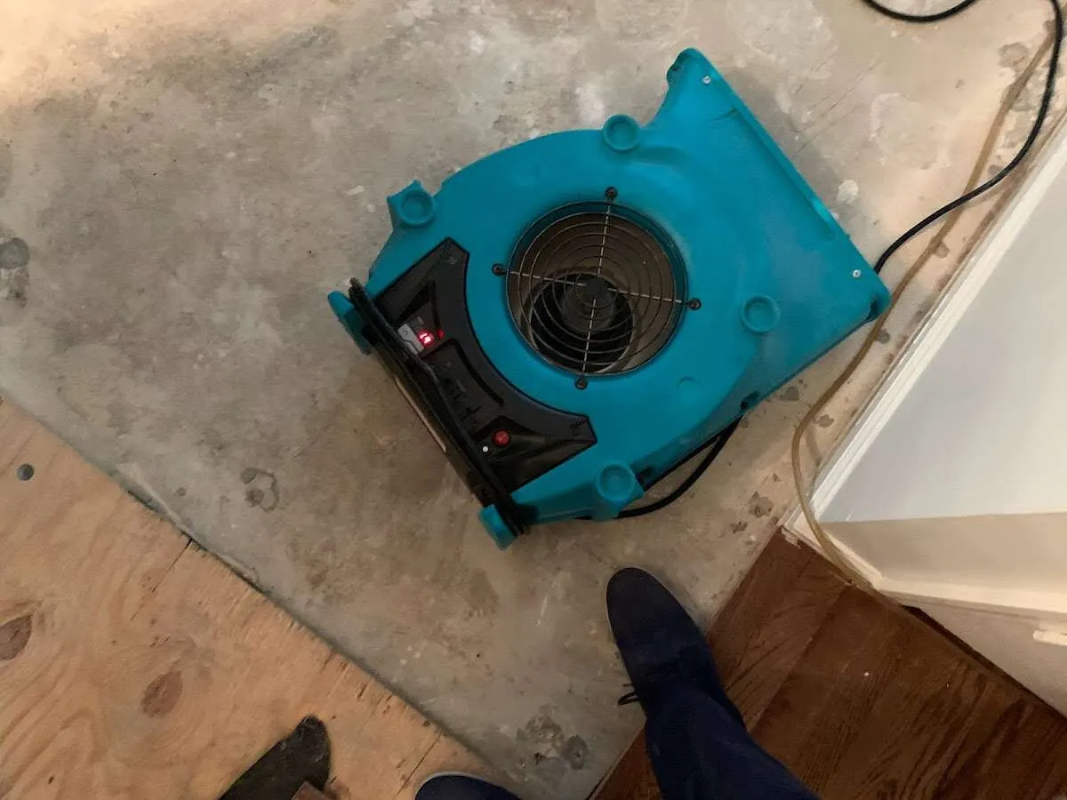 Air mover drying subfloor during Commercial Water Damage Restoration in Friendswood